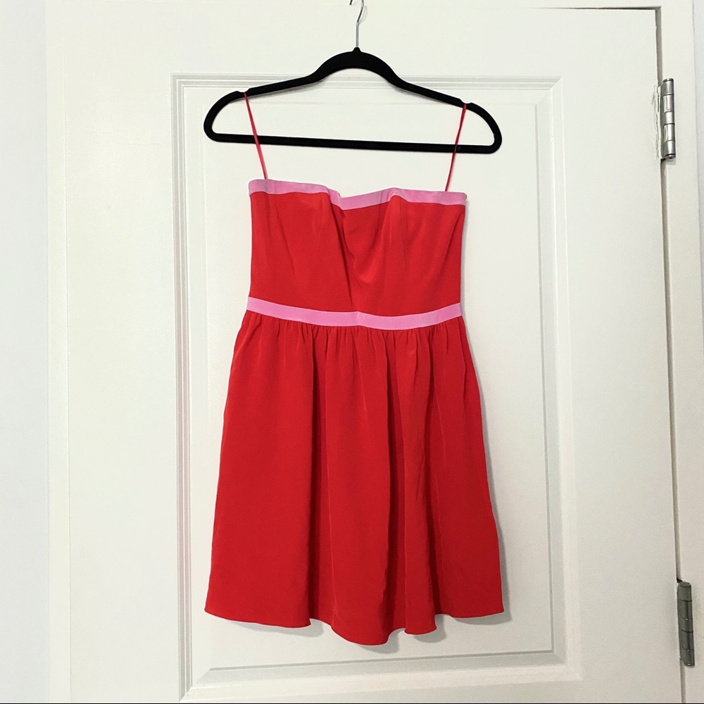 Jay Godfrey Red Pink Colorblock Strapless Dress